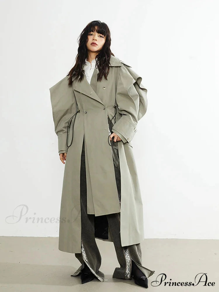 Plus Size Elegant Long Drawstring Waist Double Breasted Luxury Designer Stylish Coat