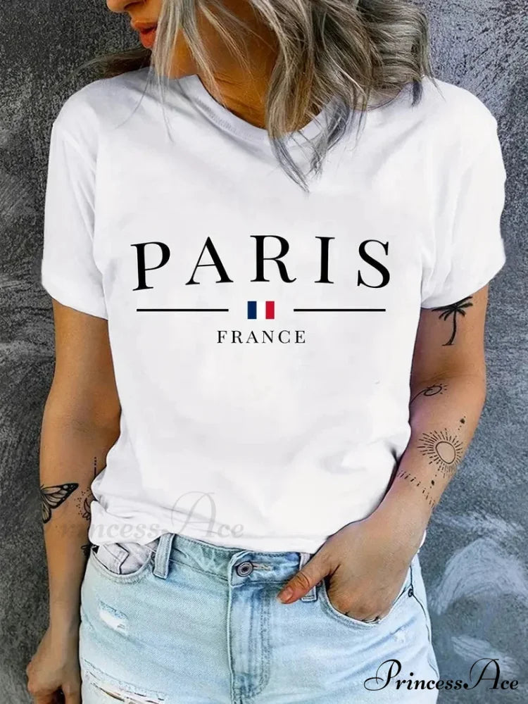 Plus Size PARIS Print Summer & Spring Casual Sleeve Crew Neck Women's Clothing T-shirt