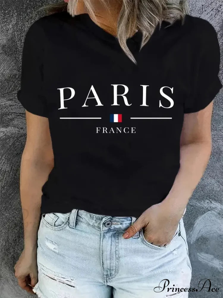 Plus Size PARIS Print Summer & Spring Casual Sleeve Crew Neck Women's Clothing T-shirt
