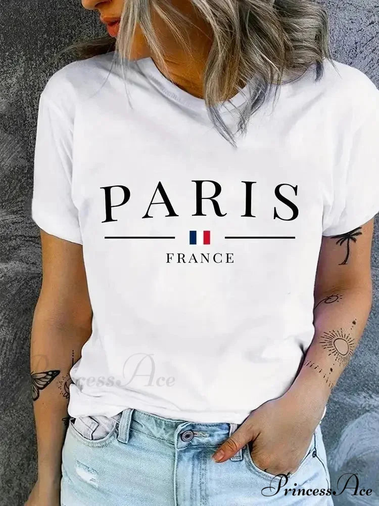 Plus Size PARIS Print Summer & Spring Casual Sleeve Crew Neck Women's Clothing T-shirt