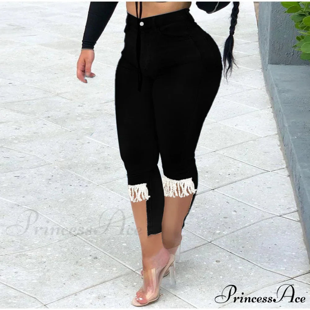 Plus Size Tassel Patchwork Vintage Stretchy Capris