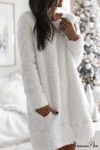 Plush Crew Neck Dress with Pocket