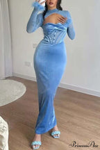 Plush Mesh Patchwork Corset Midi Dress with Hollow Detail