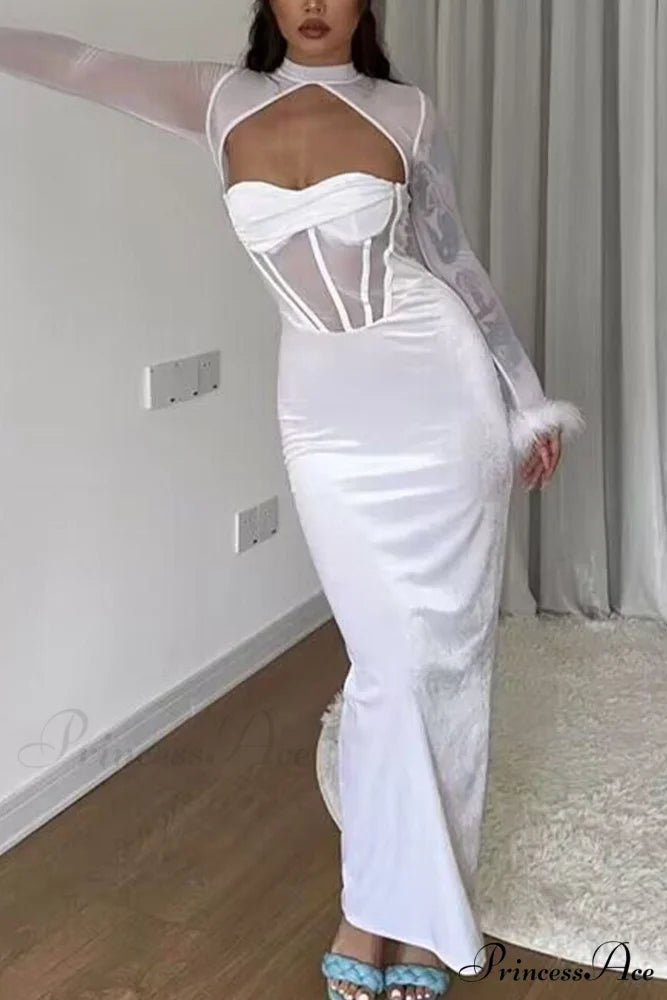 Plush Mesh Patchwork Corset Midi Dress with Hollow Detail