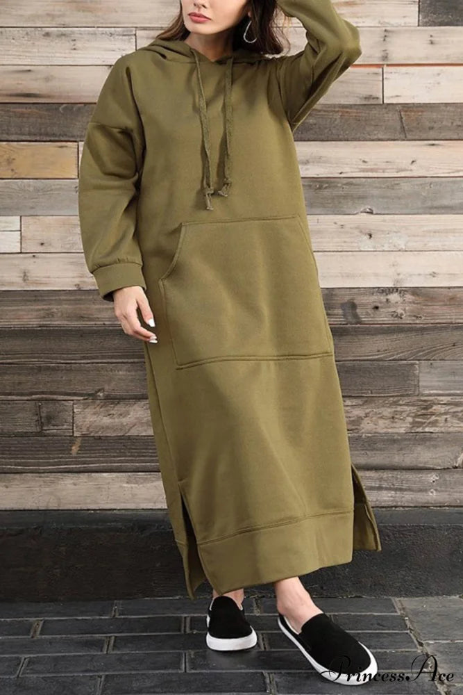 Pocketed Slit Hem Hoodie Dress