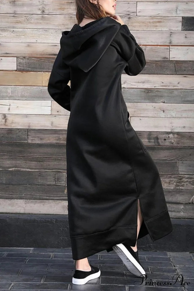Pocketed Slit Hem Hoodie Dress