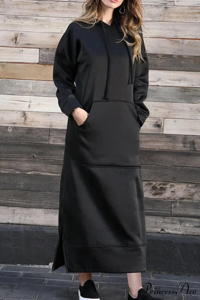 Pocketed Slit Hem Hoodie Dress