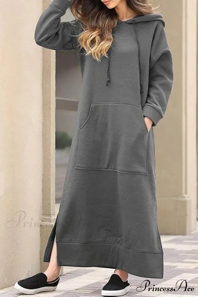 Pocketed Slit Hem Hoodie Dress