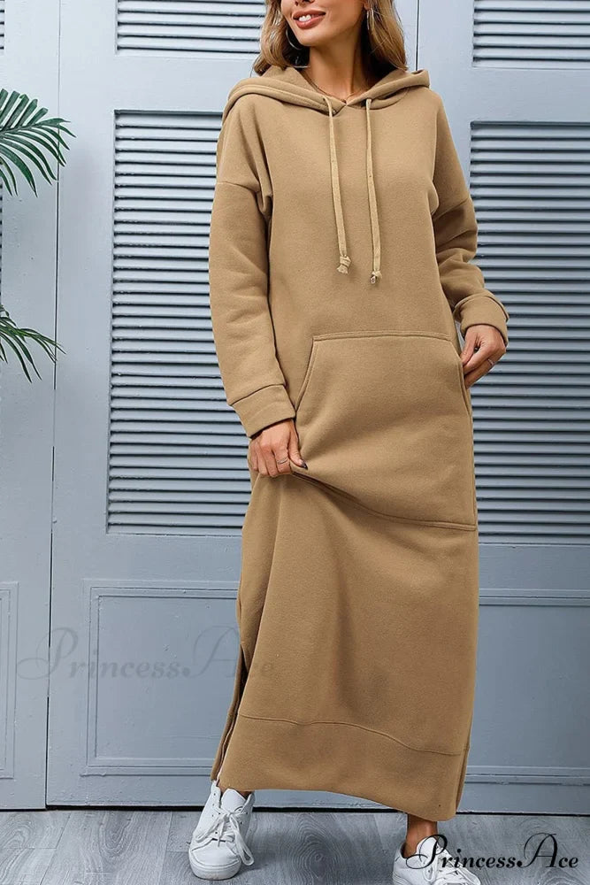 Pocketed Slit Hem Hoodie Dress
