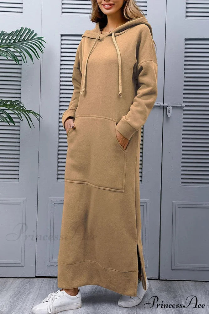 Pocketed Slit Hem Hoodie Dress