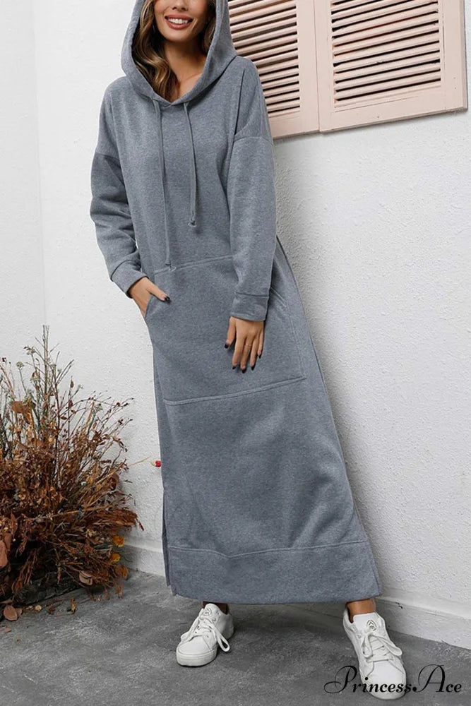 Pocketed Slit Hem Hoodie Dress