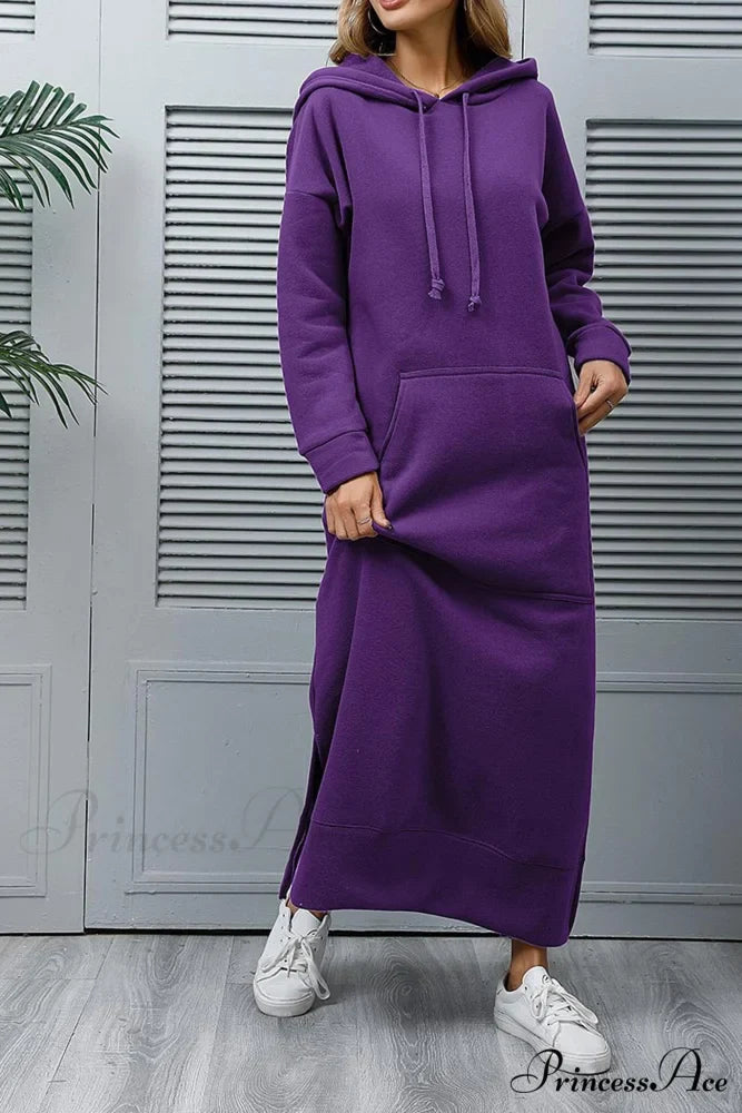Pocketed Slit Hem Hoodie Dress