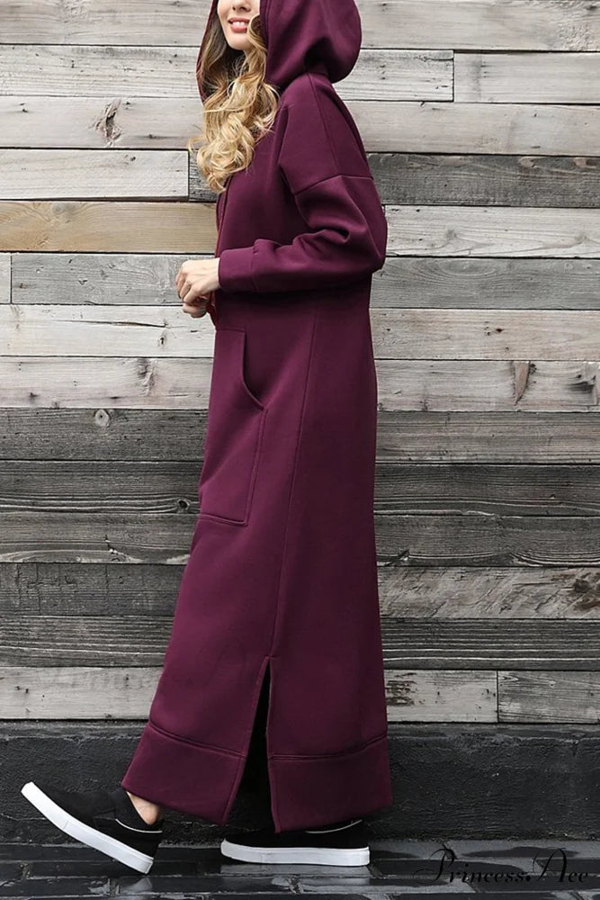 Pocketed Slit Hem Hoodie Dress