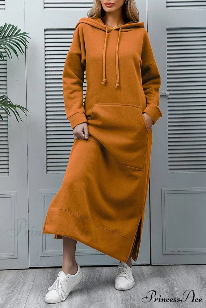 Pocketed Slit Hem Hoodie Dress