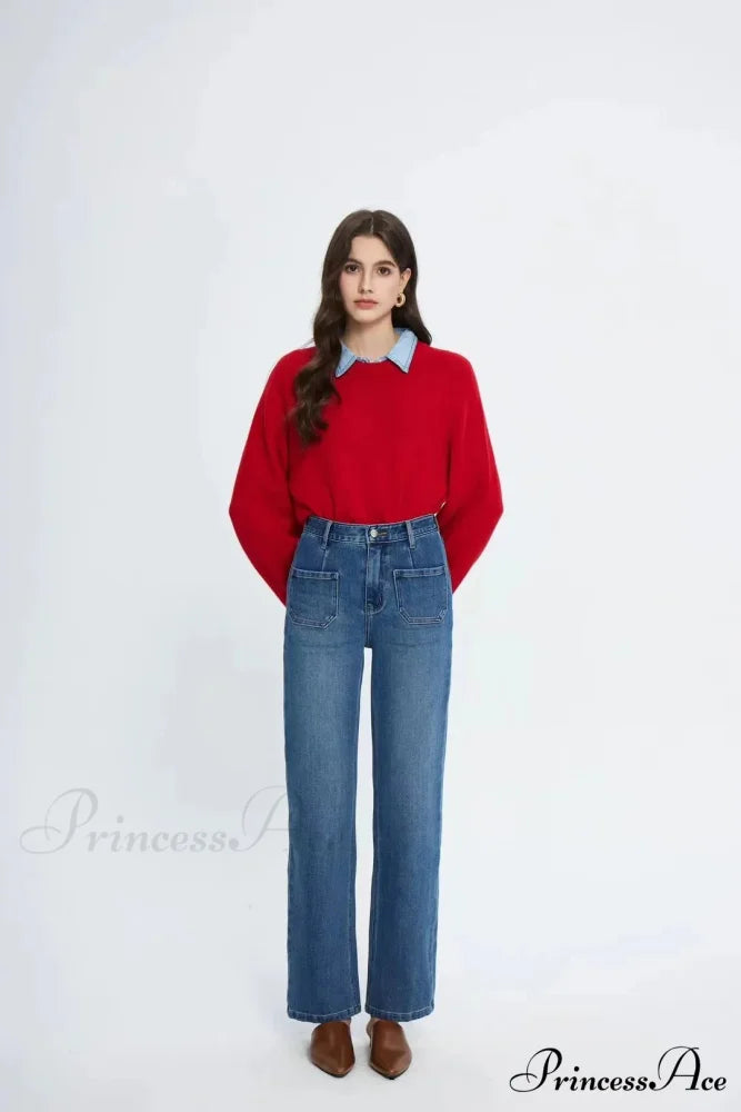 Pockets Women Temperament High Waist Straight Denim Pant Females Vintage Simple Streetwear Washed Chic 2024 New Jean