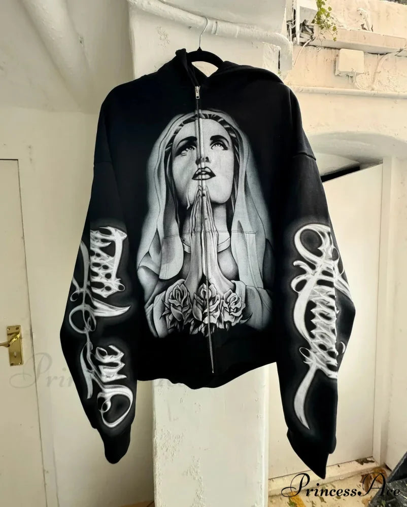 Prayer Portrait Dark Zipper Hoodie