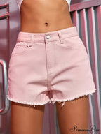 Preppy Pink Raw Hem Split Side Denim Shorts