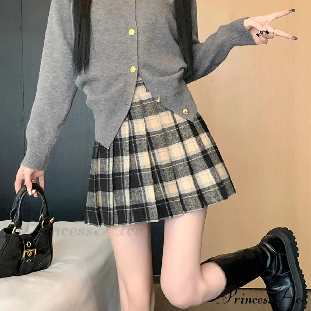 Preppy Vintage Plaid High Waist Thicken Winter Wool Mini Pleated Skirt