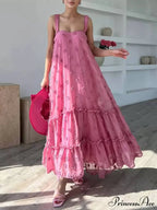 Pretty Flower Decor A-Line Graceful Layered Loose Maxi Dress