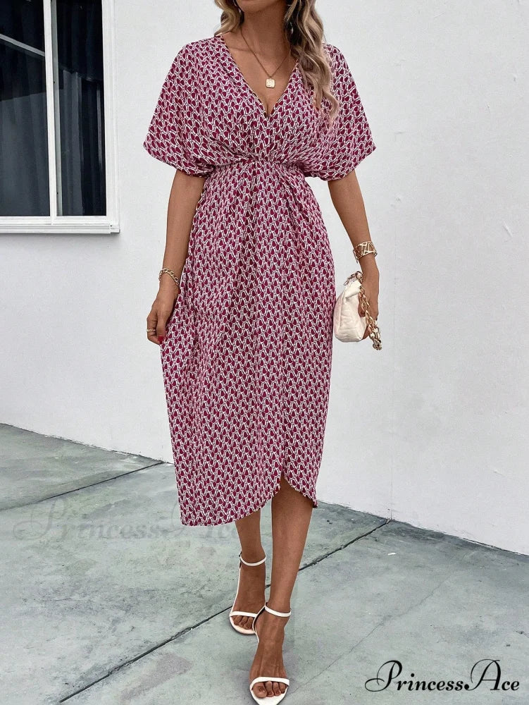 Print Batwing Sleeve Wrap Hem Dress