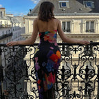 Print Off Shoulder Ruffle Strapless Backless Sleeveless SlimEvening Vestidos Floral Dress