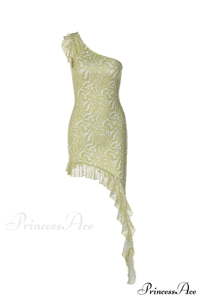 Print Ruffle Irregular Hem Dress with One Shoulder