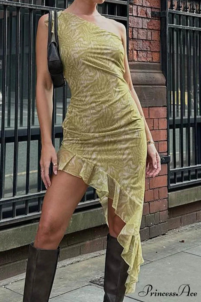 Print Ruffle Irregular Hem Dress with One Shoulder