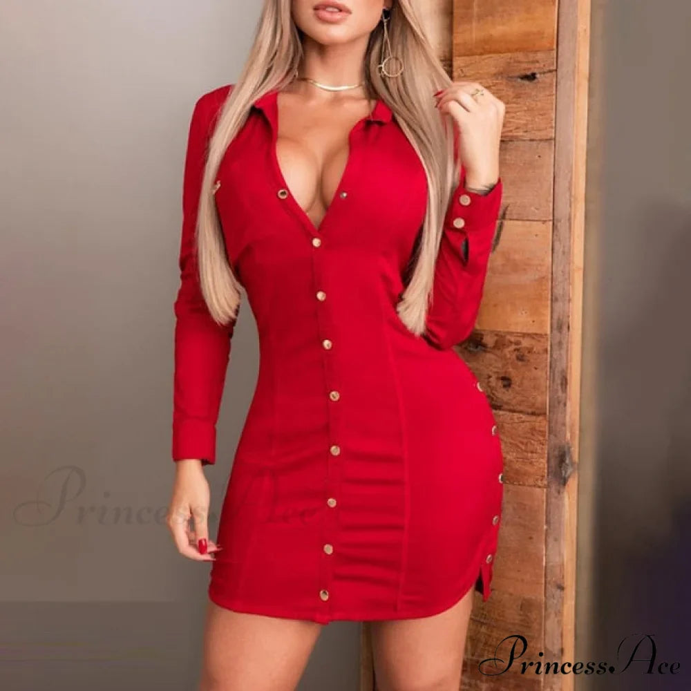 Print Turn Collar Button Design Side Slit Casual Dress