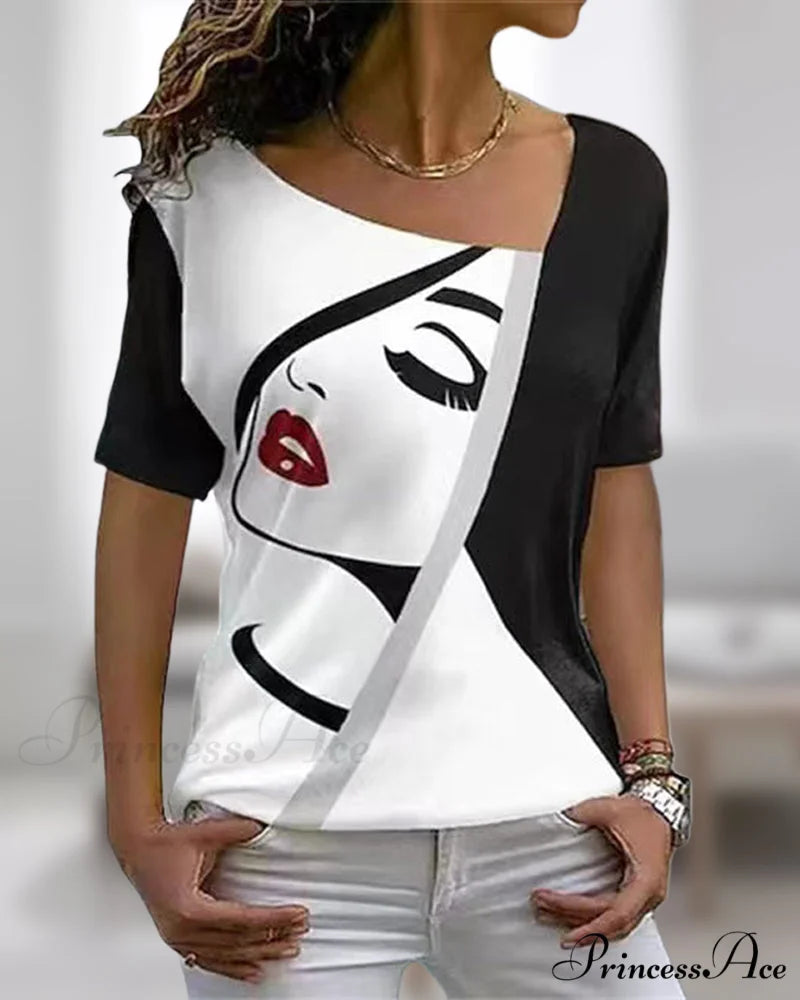 print V-neck face tee