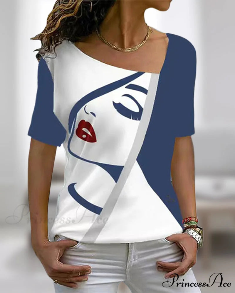 print V-neck face tee