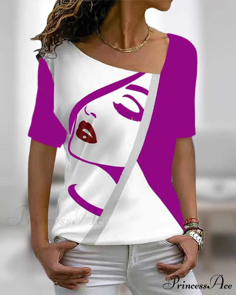 print V-neck face tee