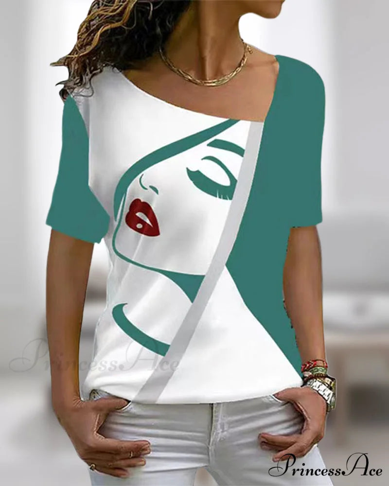 print V-neck face tee