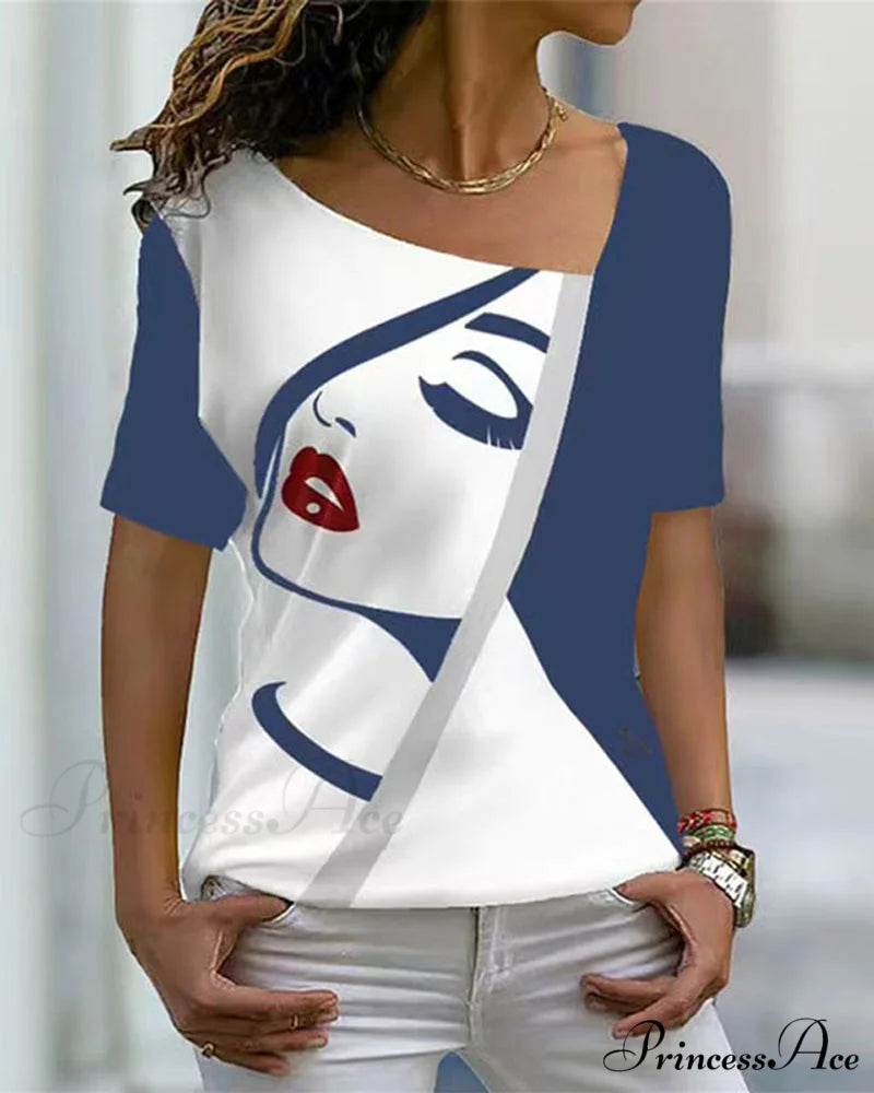 print V-neck face tee