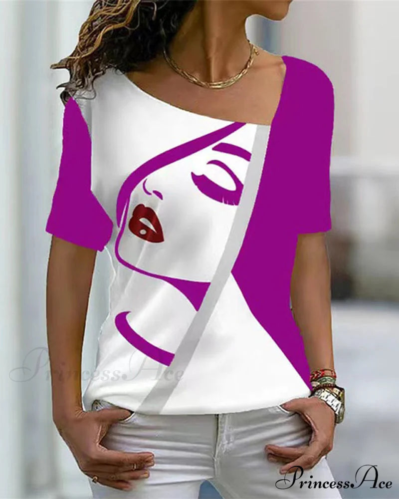 print V-neck face tee