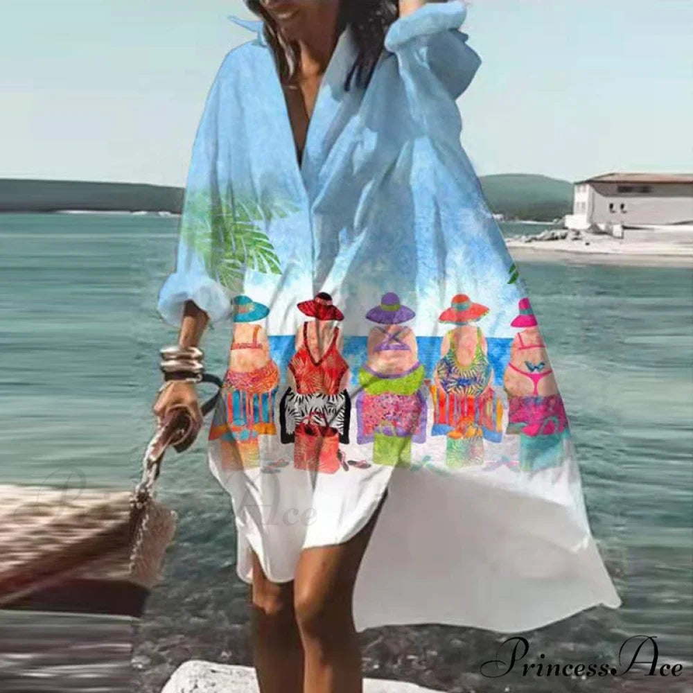 Print V-neck Long Sleeve Loose Dress