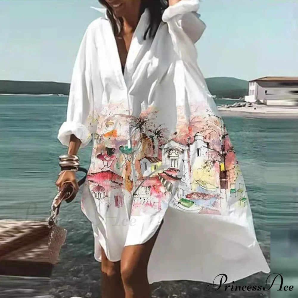 Print V-neck Long Sleeve Loose Dress