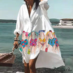 Print V-neck Long Sleeve Loose Dress