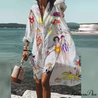 Print V-neck Long Sleeve Loose Dress