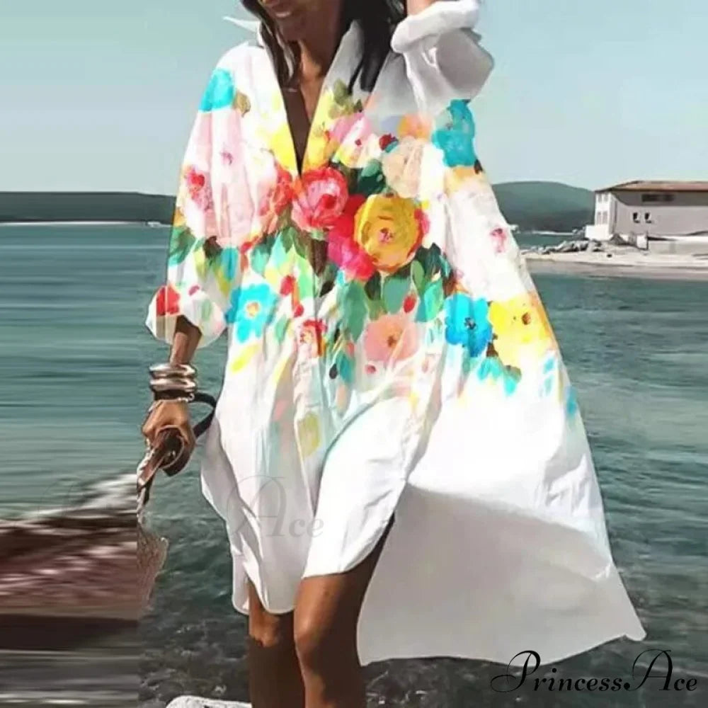 Print V-neck Long Sleeve Loose Dress