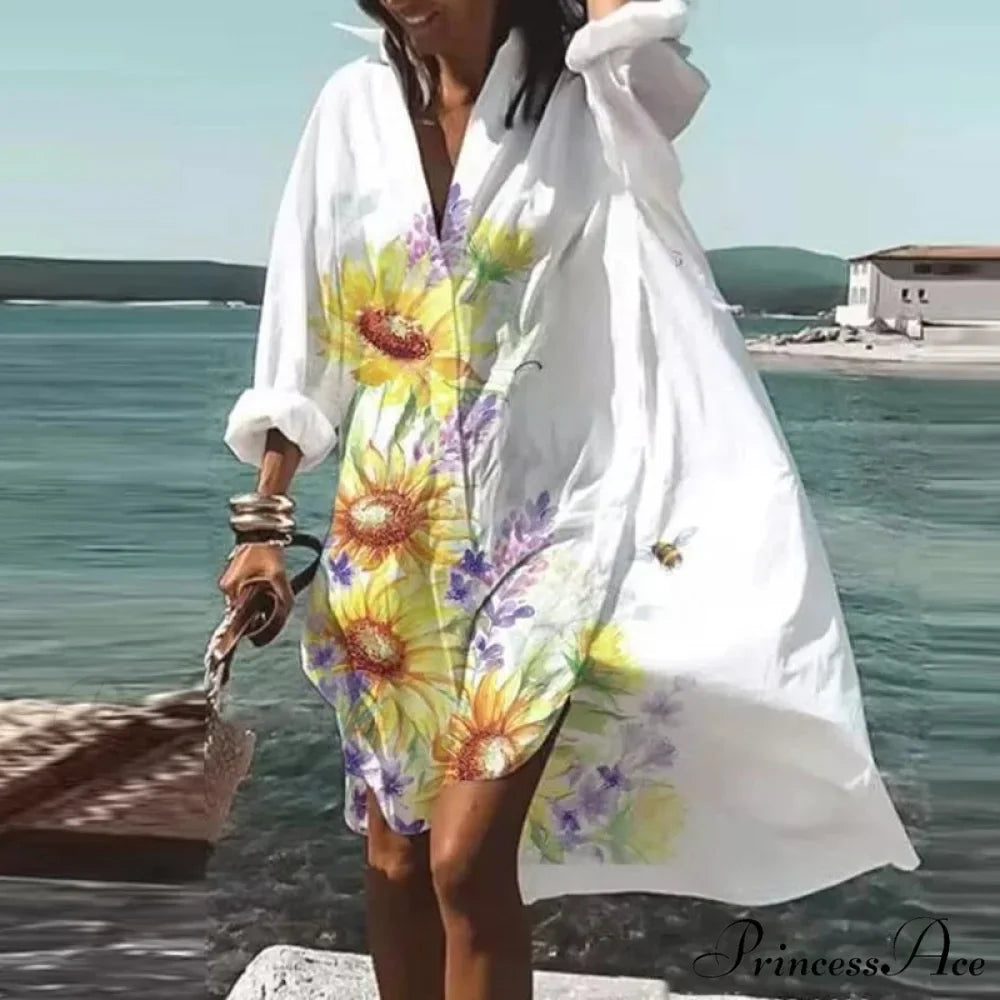 Print V-neck Long Sleeve Loose Dress