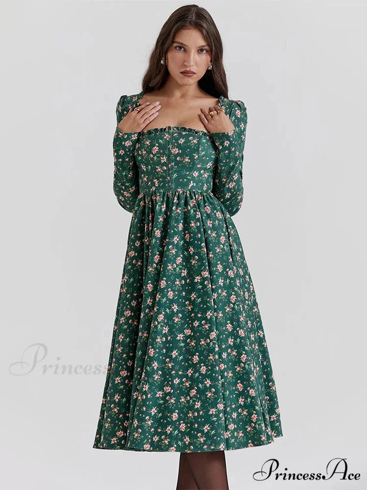 Printed Backless Square Neck Midi Flower Dress