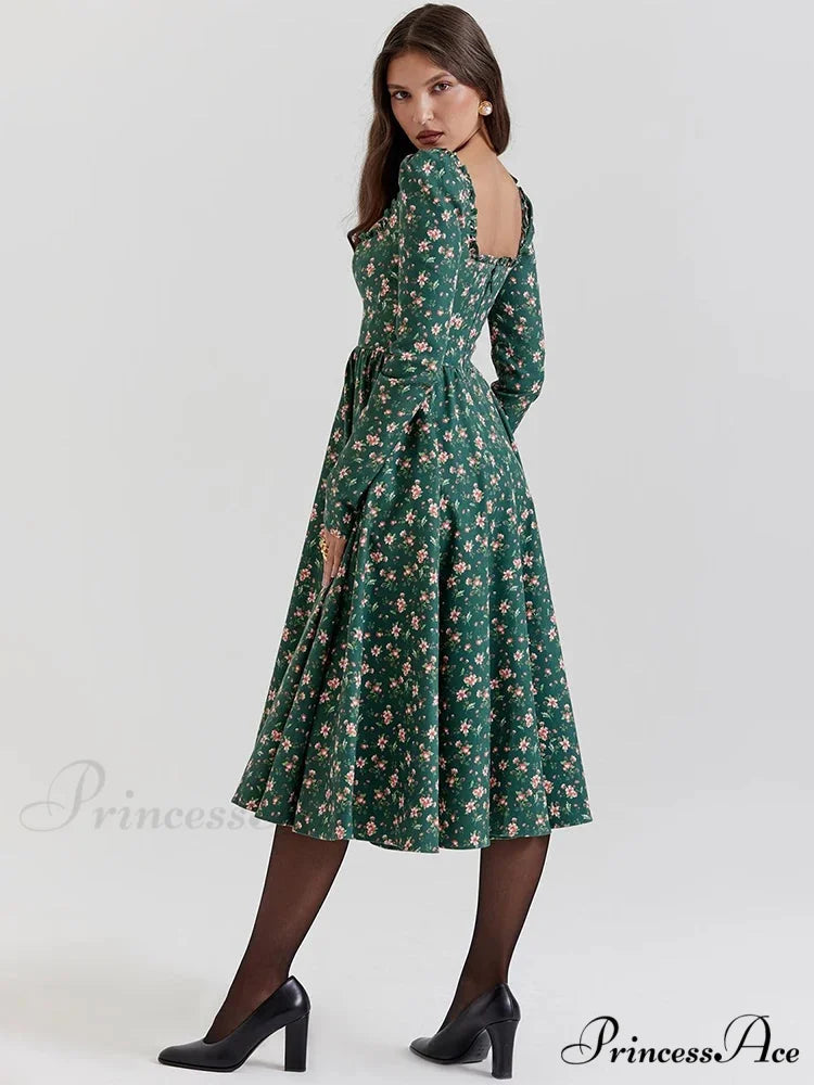 Printed Backless Square Neck Midi Flower Dress