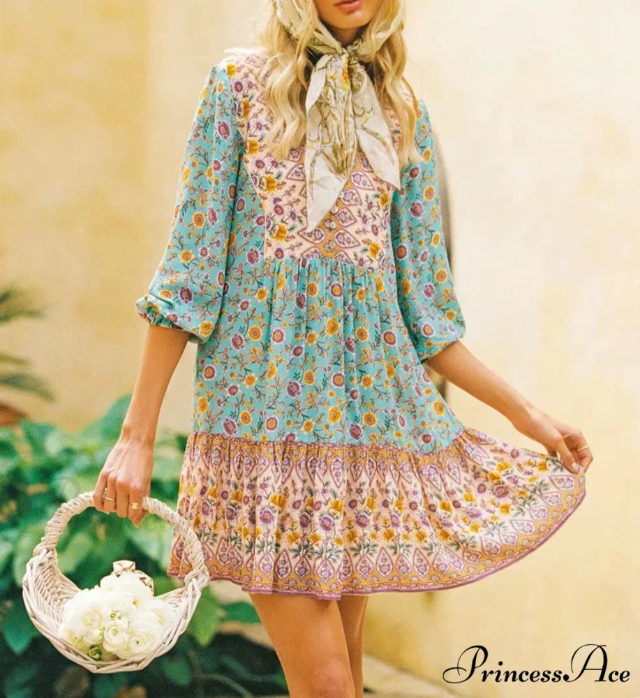 Printed Deep Plunge Neckline Three Quarter Sleeve Holiday Mini Boho Dress