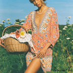 Printed Deep Plunge Neckline Three Quarter Sleeve Holiday Mini Boho Dress