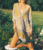 Printed Deep Plunge Neckline Three Quarter Sleeve Holiday Mini Boho Dress