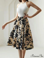 Printed Elastic Waist Below Knee A-Line Skirt