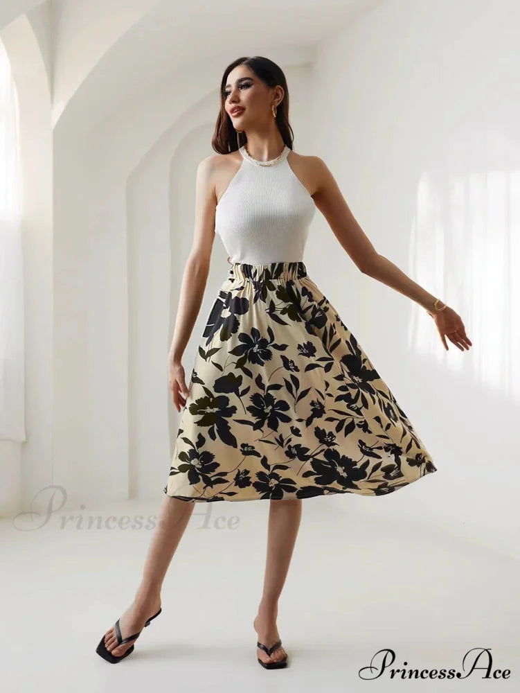 Printed Elastic Waist Below Knee A-Line Skirt