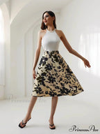 Printed Elastic Waist Below Knee A-Line Skirt
