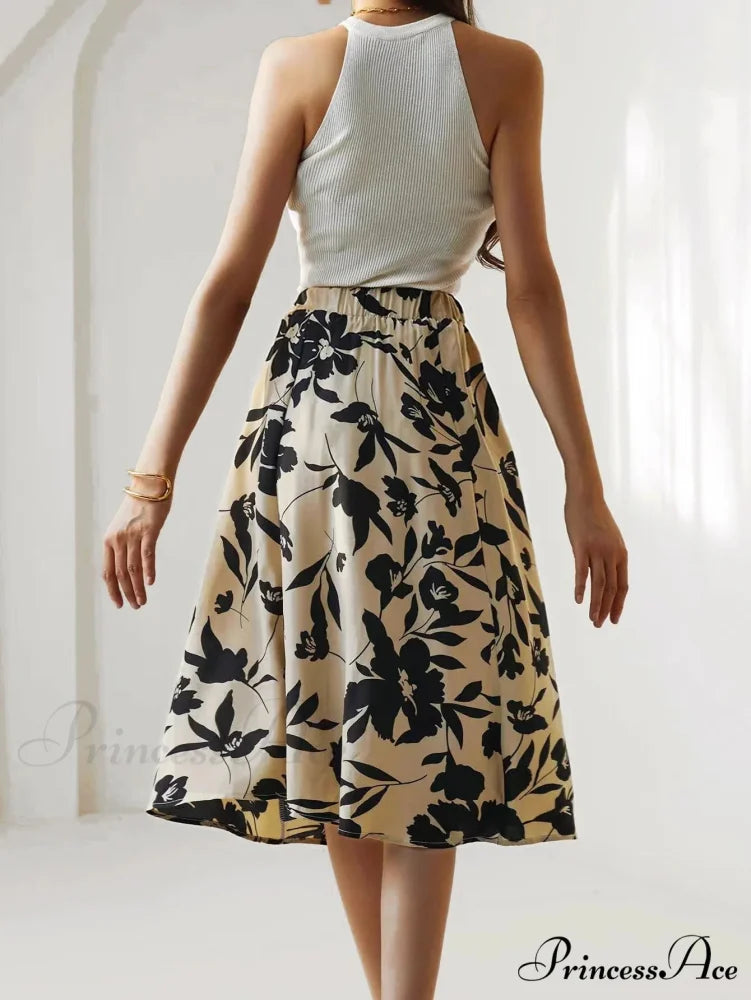Printed Elastic Waist Below Knee A-Line Skirt
