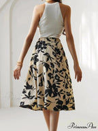 Printed Elastic Waist Below Knee A-Line Skirt